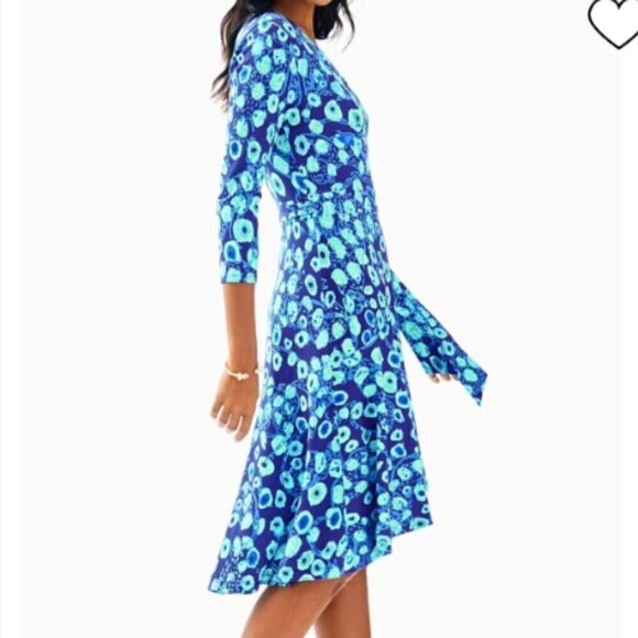 Lilly Pulitzer Rozalyn Wrap Dress in Lil Kitty Blue Purple Evil Eye sz XS - Picture 2 of 6